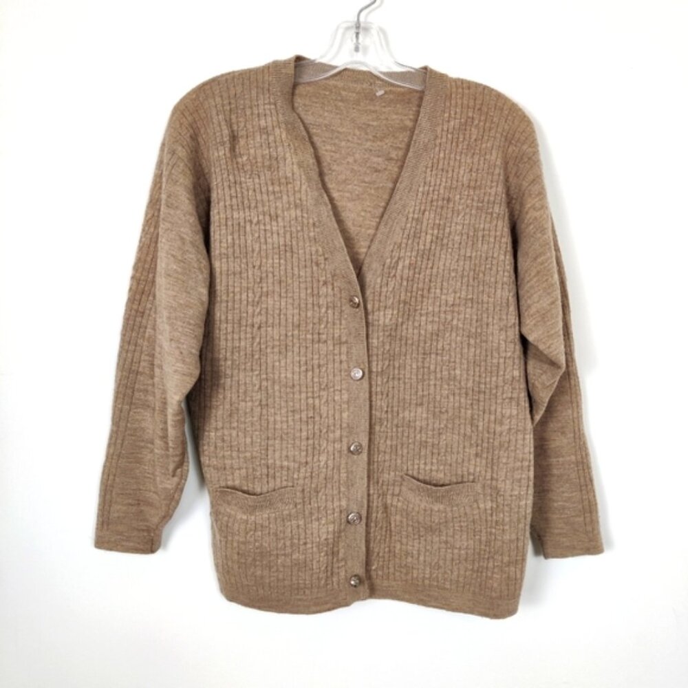 Women's Button Down Wool Cardigan in Tan Size Large Cable Knit Quiet Luxury